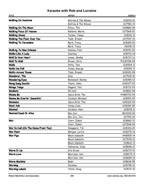 Songs by Artist - 1 col - Spectrum Entertainment