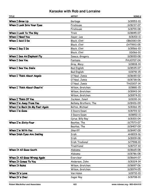 Songs by Artist - 1 col - Spectrum Entertainment