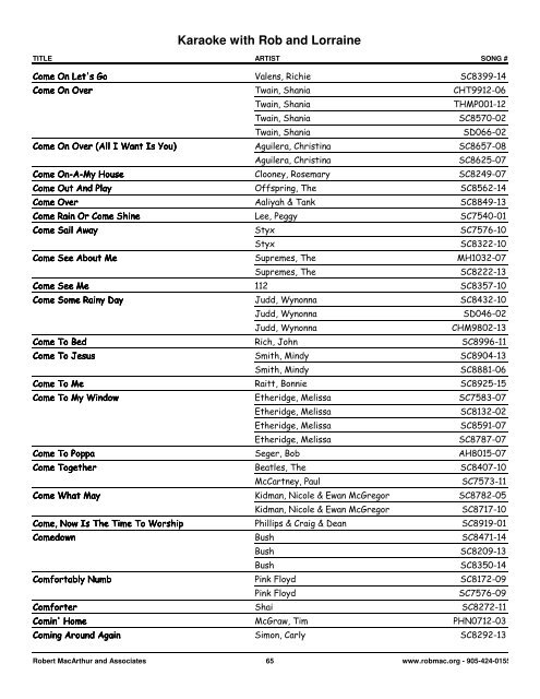 Songs by Artist - 1 col - Spectrum Entertainment