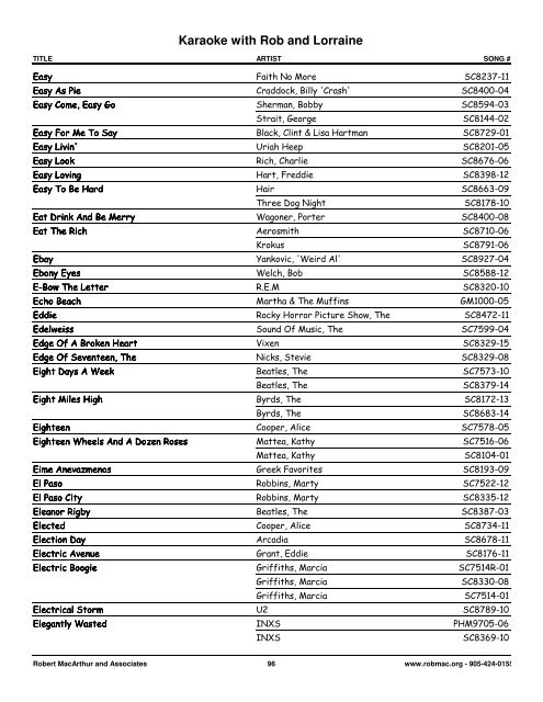 Songs by Artist - 1 col - Spectrum Entertainment