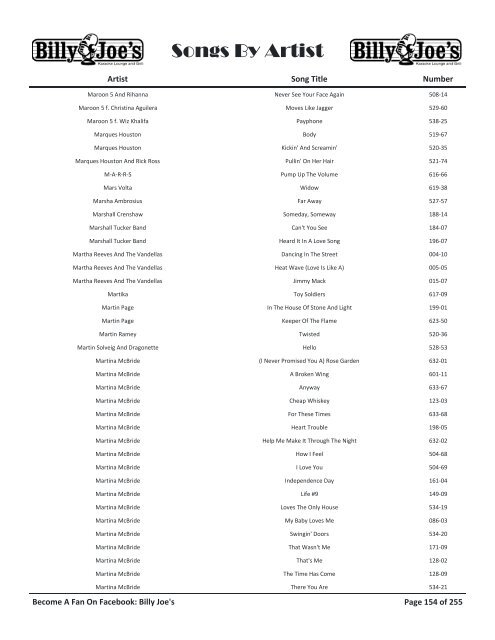 Search For Songs By Artist - Billy Joe's Lounge