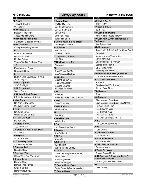 Spectrum Karaoke Song List