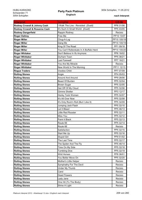 Party Pack Platinum Interpret Songtitel CD-Nr - karaoke show