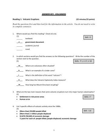 ANSWER KEY: VOLCANOES Reading 1: Volcanic Eruptions ... - CAEL