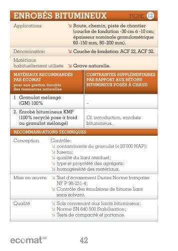 Fiches Enrobés bitumineux N° 12 à 14 - Etat de Genève