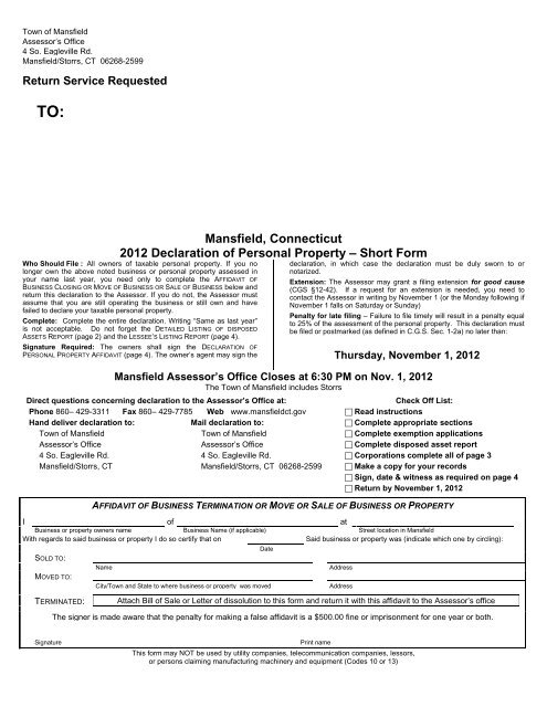 Personal Property Declaration Short Form - Town of Mansfield