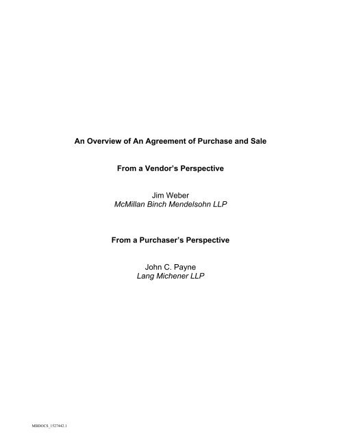 An Overview of An Agreement of Purchase and Sale ... - McMillan