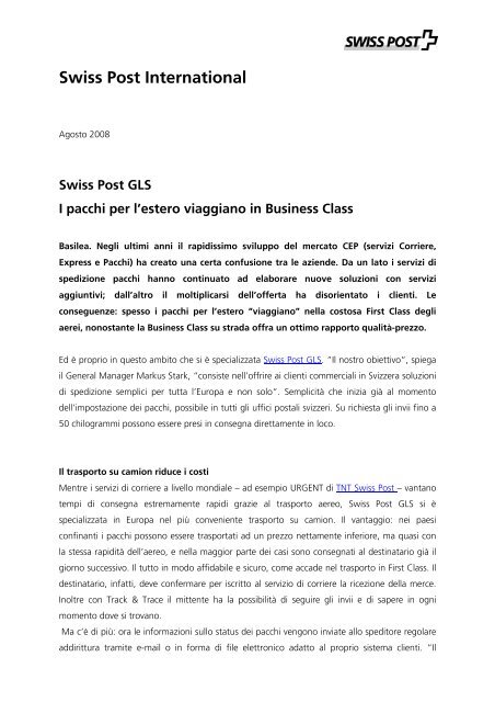 Swiss Post GLS I pacchi per l'estero viaggiano in Business Class