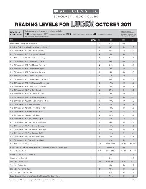 READING LEVELS FOR OCTOBER 2011 - Scholastic Book Clubs