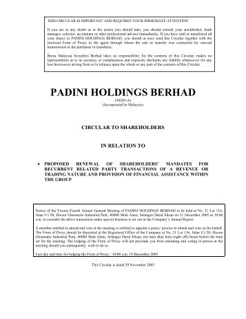 PADINI HOLDINGS BERHAD - Announcements - Bursa Malaysia