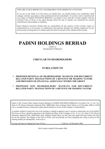PADINI HOLDINGS BERHAD - Announcements - Bursa Malaysia