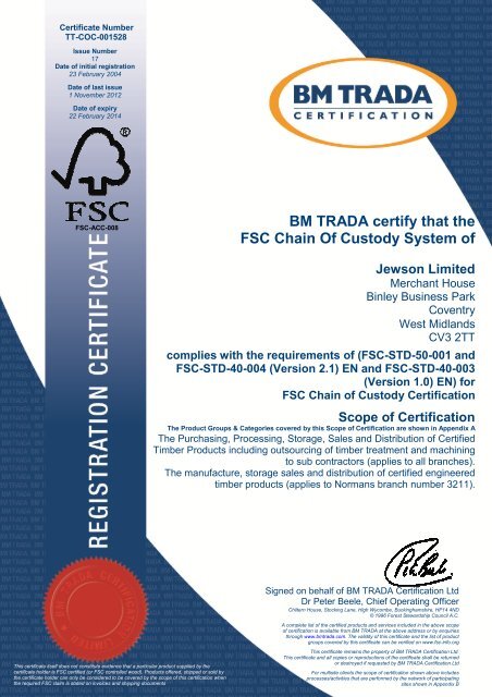 Bm Trada Certify That The Fsc Chain Of Custody System Of Jewson
