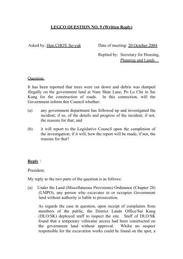 LEGCO QUESTION NO. 9 (Written Reply) Asked by: Hon CHOY So ...