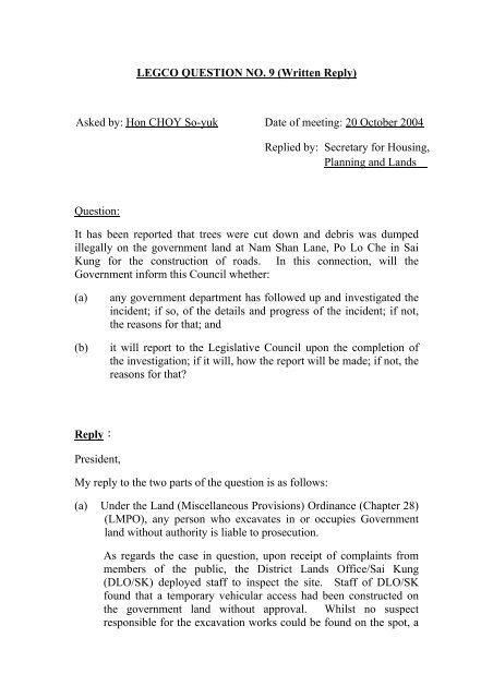 LEGCO QUESTION NO. 9 (Written Reply) Asked by: Hon CHOY So ...