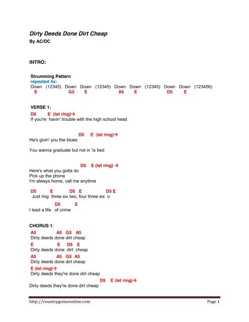 Dirty Deeds Done Dirt Cheap chords and lyrics - Country Guitar Online