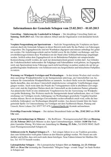 Informationen der Gemeinde Schapen vom 23.02.2013 â 01.03.2013