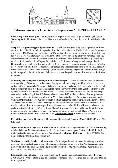 Informationen der Gemeinde Schapen vom 23.02.2013 â 01.03.2013