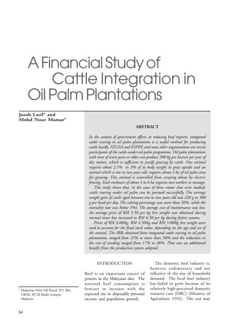 A Financial Study Of Cattle Integration In Oil Palm Plantations
