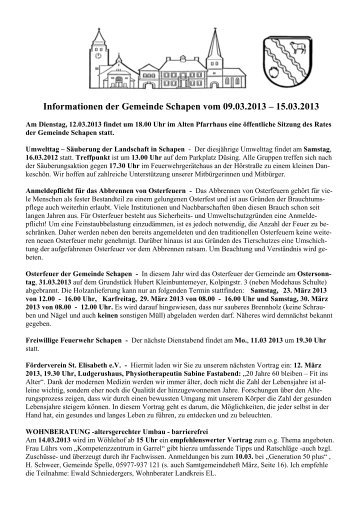 Informationen der Gemeinde Schapen vom 09.03.2013 â 15.03.2013