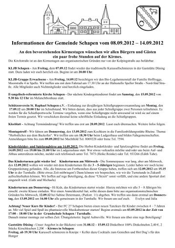 Informationen der Gemeinde Schapen vom 08.09.2012 â 14.09.2012