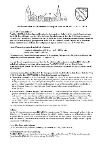 Informationen der Gemeinde Schapen vom 26.01.2013 â 01.02.2013