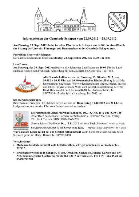 Informationen der Gemeinde Schapen vom 22.09.2012 â 28.09.2012