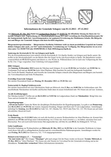 Informationen der Gemeinde Schapen vom 01.12.2012 â 07.12.2012