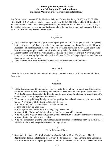 Verwaltungskostensatzung - Samtgemeinde Spelle