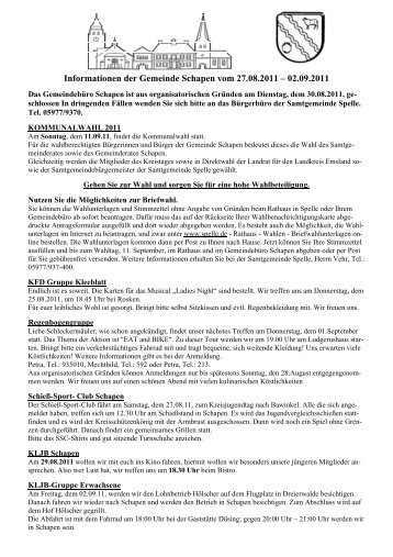 Informationen der Gemeinde Schapen vom 27.08.2011 Ã¢Â€Â“ 02.09.2011