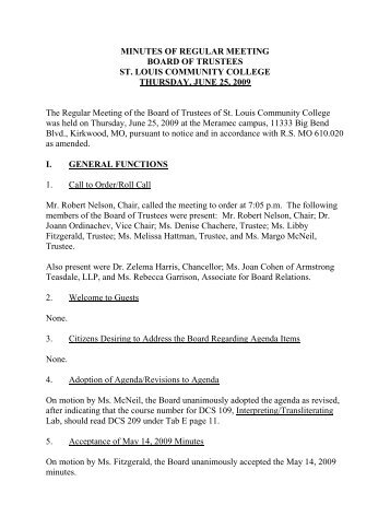 SLCC Board of Trustees Meeting Minutes, June 25, 2009 - St. Louis ...