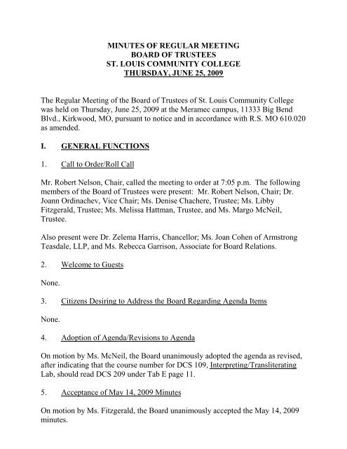 SLCC Board of Trustees Meeting Minutes, June 25, 2009 - St. Louis ...