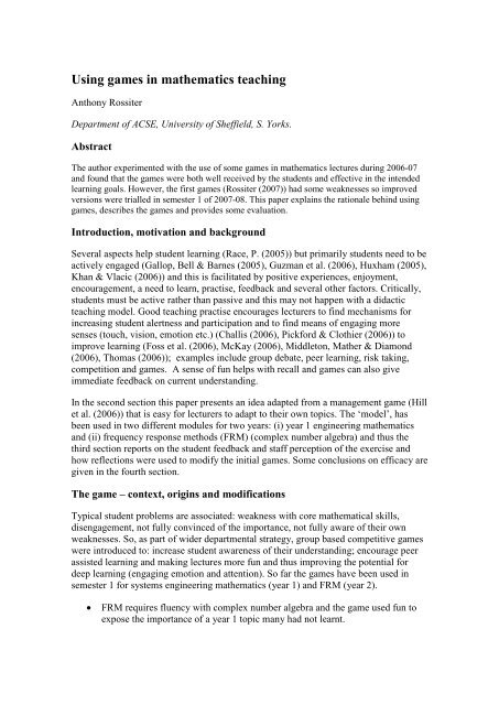 Using games in mathematics teaching - Sefi