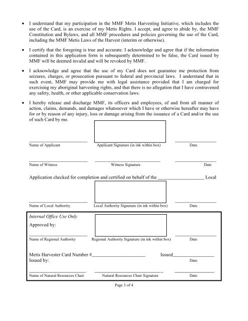 MMF Metis Harvester Identification Card Application Form