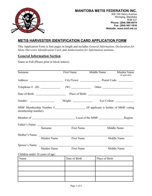 MMF Metis Harvester Identification Card Application Form