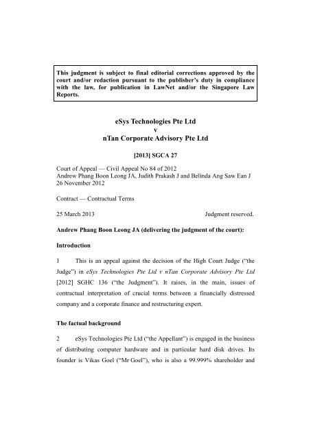 eSys Technologies Pte Ltd v nTan Corporate Advisory Pte Ltd