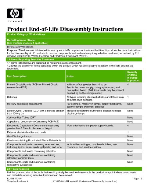 Product End-of-Life Disassembly Instructions - HP