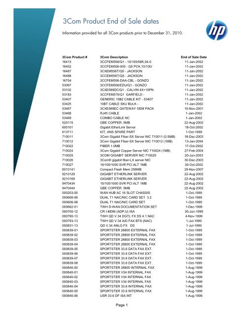 3Com Product End of Sale dates - HP Networking