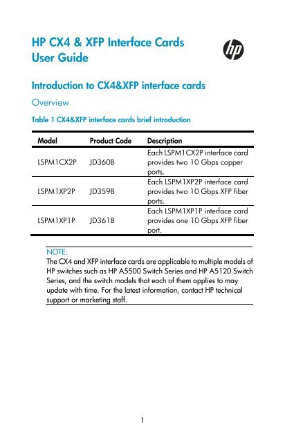 HP CX4 & XFP Interface Cards User Guide - HP Business Support ...