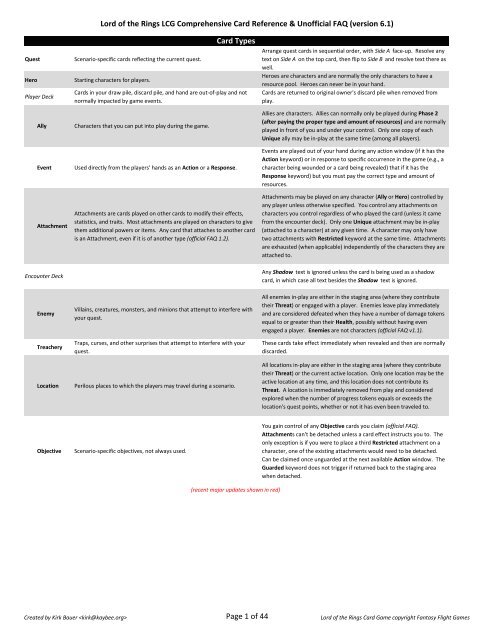 Lord of the Rings LCG Comprehensive Card Reference - kaybee.org