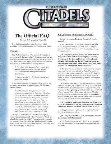 FAQ for Citadels - Fantasy Flight Games