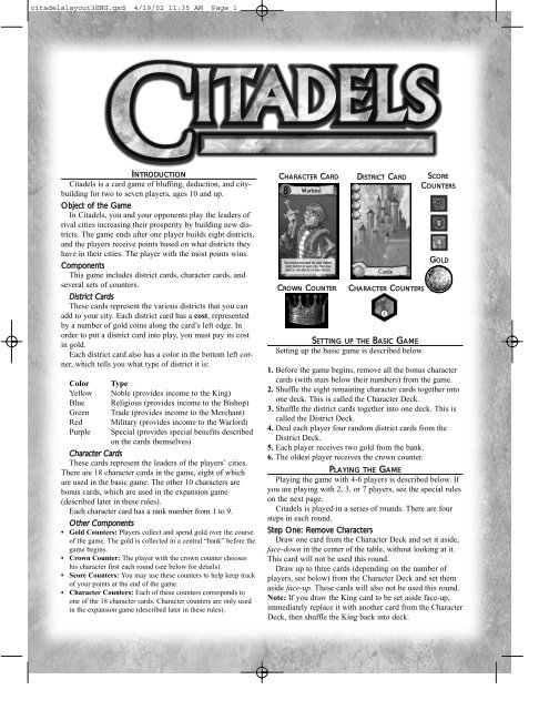 Citadels is a card game of bluffing, deduction, and ... - Gamingcorner