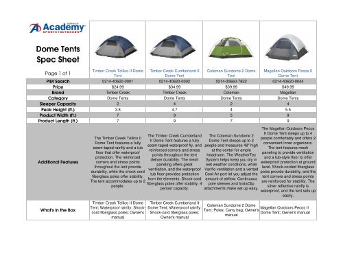 Dome Tents Spec Sheet