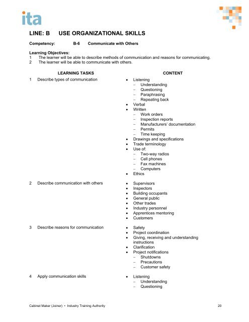 cabinet maker (joiner) program outline - Industry Training Authority