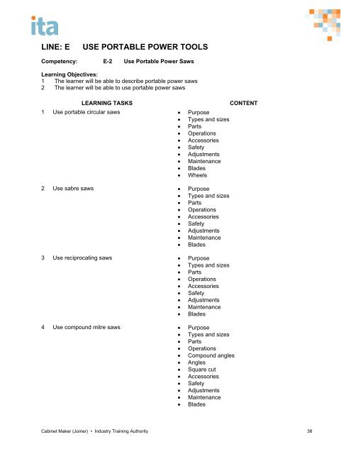 cabinet maker (joiner) program outline - Industry Training Authority