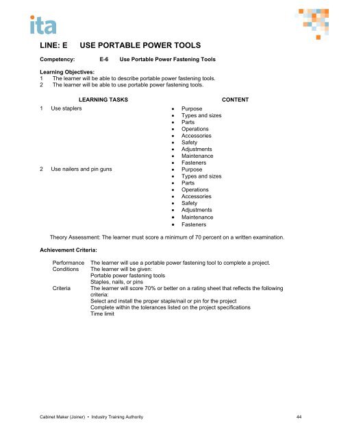 cabinet maker (joiner) program outline - Industry Training Authority