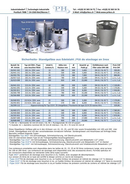 Sicherheits- Standgefäss aus Edelstahl /Fût de stockage en Inox