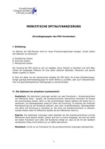 MONISTISCHE SPITALFINANZIERUNG - Privatkliniken Schweiz