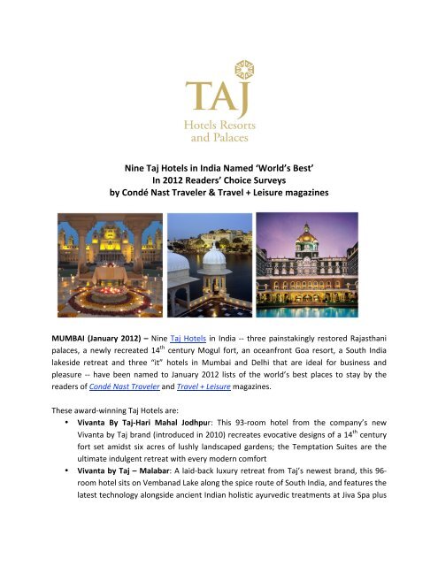 Nine Taj Hotels in India - Sheila Donnelly & Associates