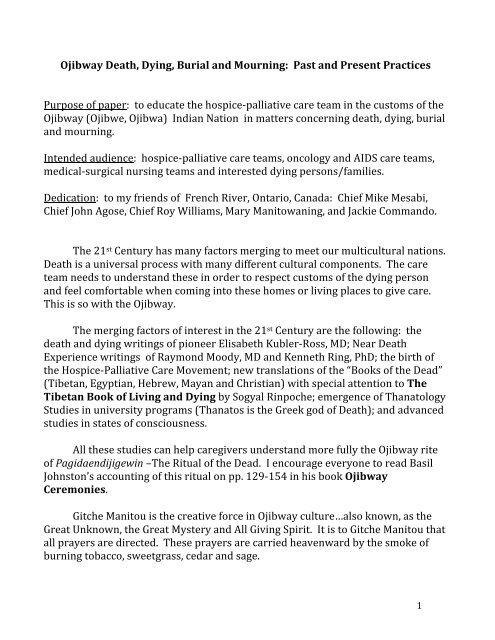 Ojibway Death Dying Burial And Mourning Hospice Association Of