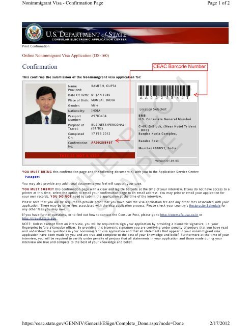 Sample US Visa DS-160 Form Confirmation Page - Immihelp